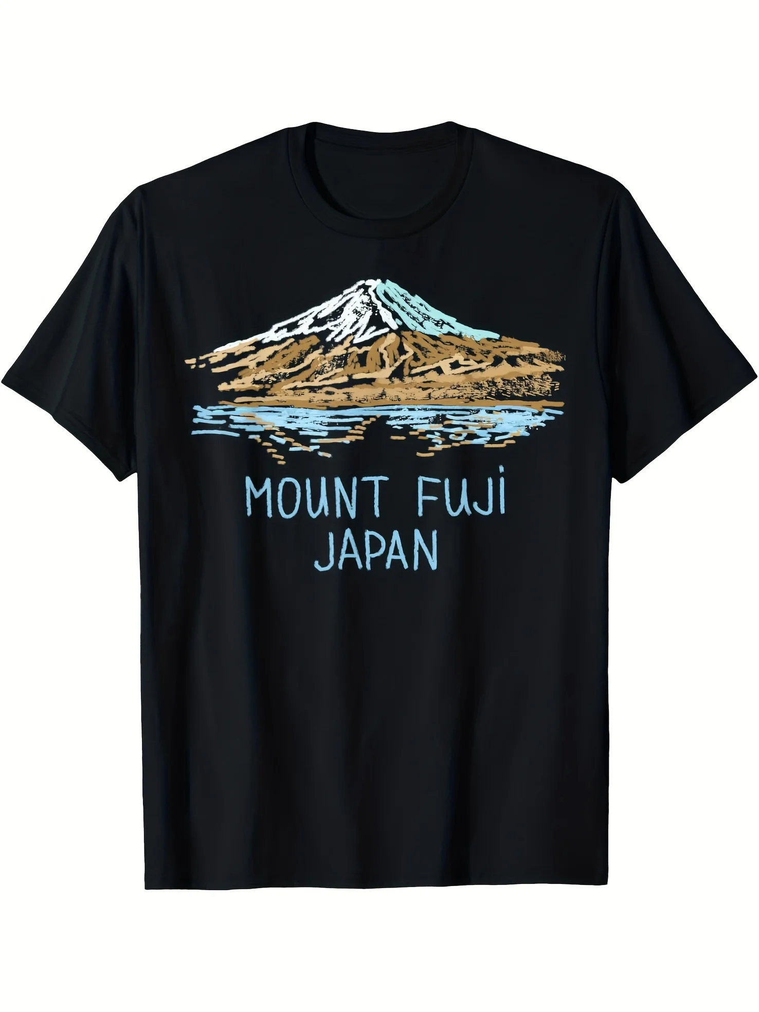 T-shirt graphique pour homme Mont Fuji Japon, en coton noir, décontracté, avec motif paysage volcanique vibrant, manches courtes, col rond
