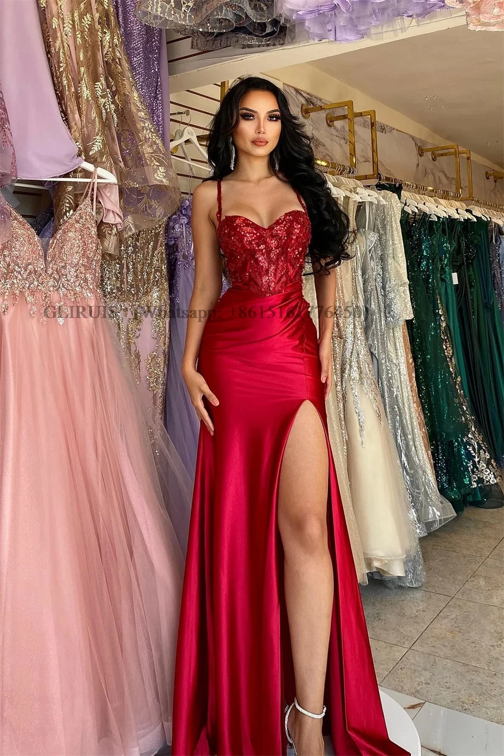 Wine Red Satin Prom Dresses Spaghetti Strap vestidos de noche Elegant Sleeveless Sexy Side High Split Formal Evening Customized