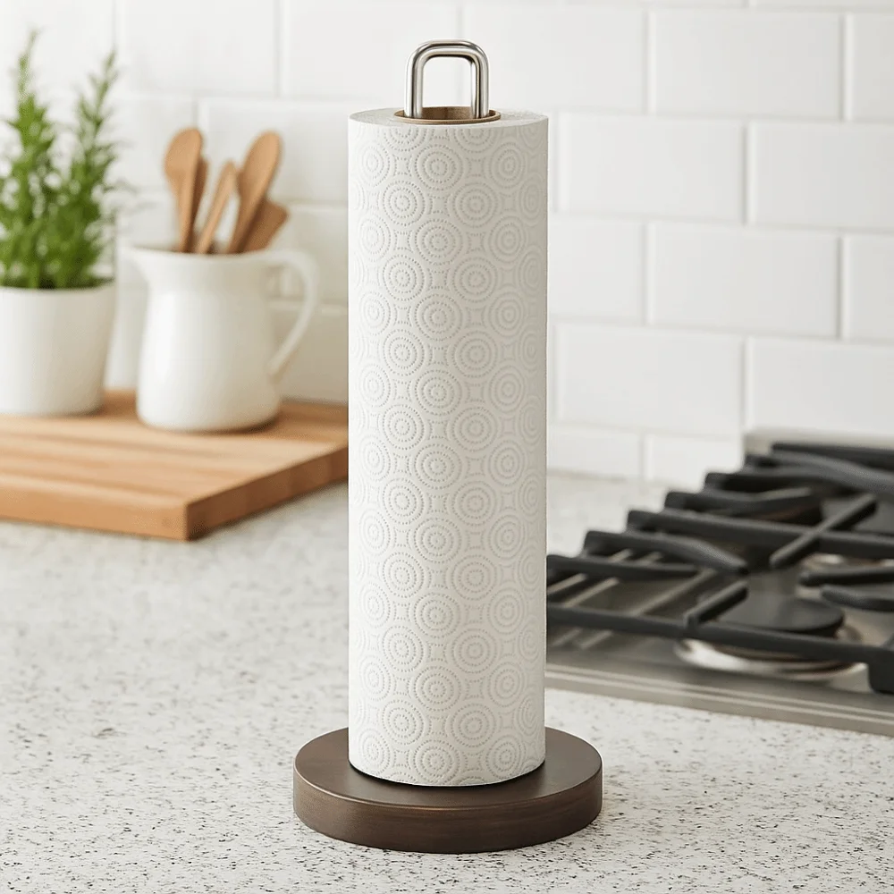 

Подставка для бумажных полотенец из нержавеющей стали, деревянное основание, нескользящий деревянный держатель для бумажных полотенец, прочный держатель для туалетных полотенец одной рукой