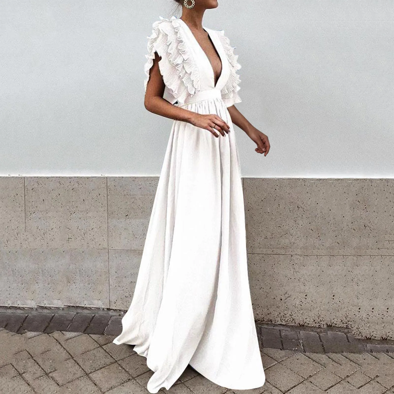 Elegant Ruffle Sleeves Evening Dresses Women Sexy Deep V Neck Midi Dress Female Fashion Party Banquet Clothes Long vestidos 2024