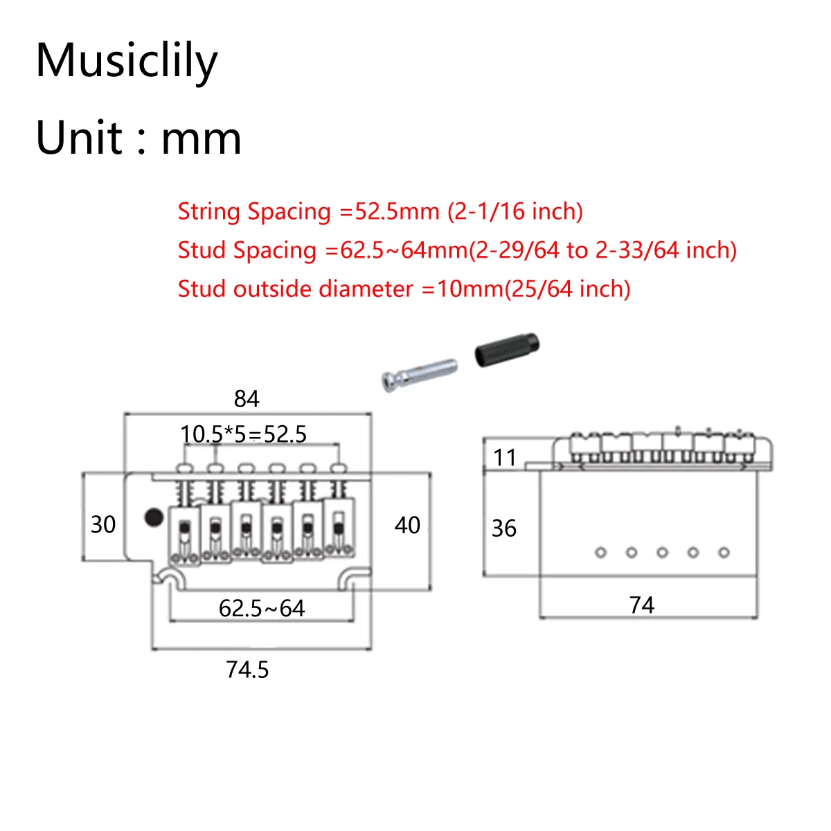 Musiclily Pro 52.5mm 2-Point Style Short Block Guitar Tremolo Bridge for Squier ST, Gold