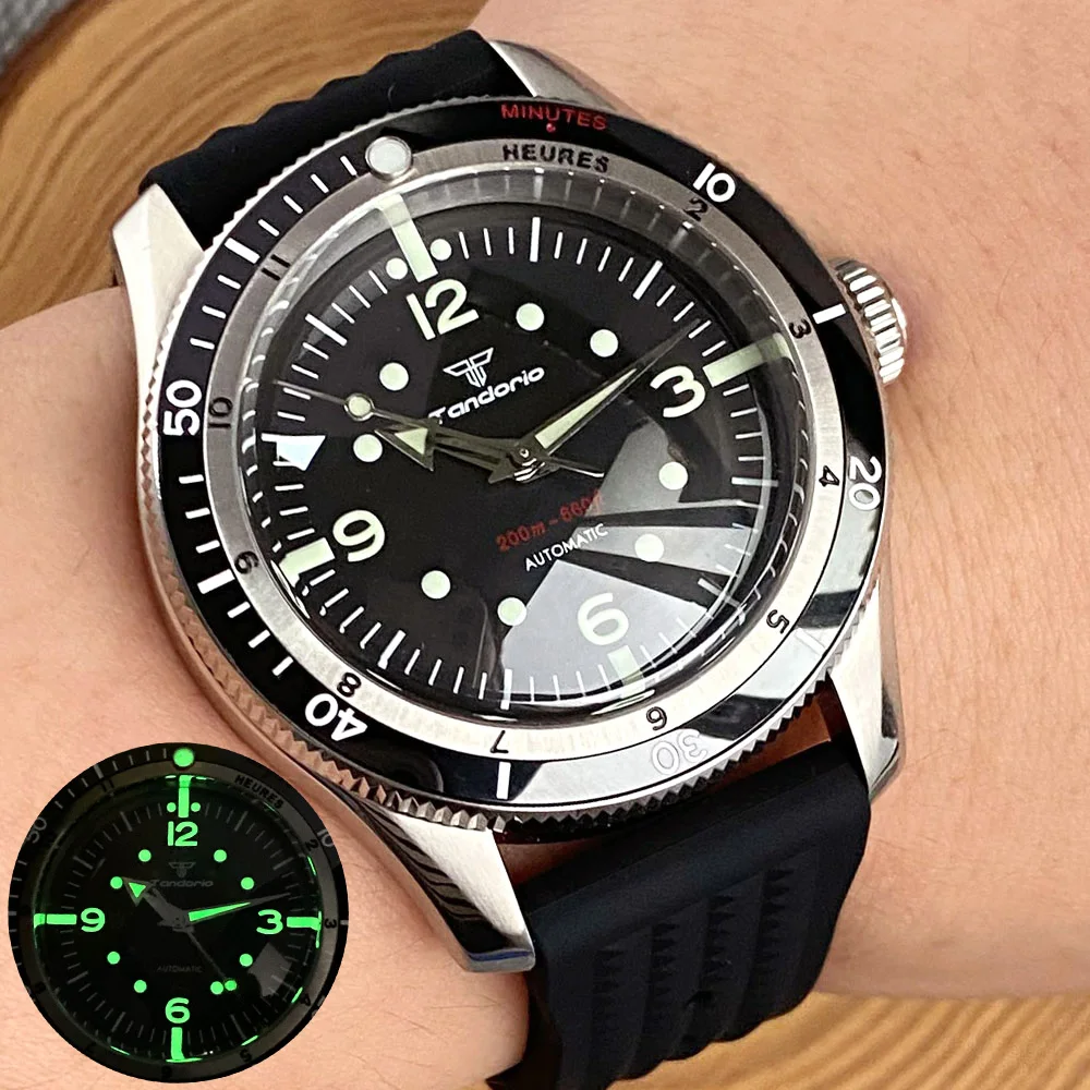 Tandorio Black 40mm NH35 PT5000 Mechanical Automatic Dive Watch Men 200M Waterproof Green Lume Domed Sapphire 120 Click 2024