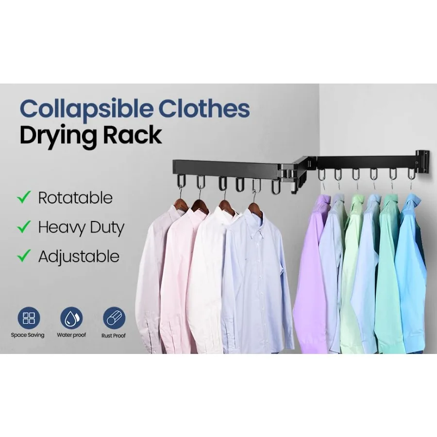 Foldable Wall Mounted Clothes Drying Rack Heavy Duty Collapsible Laundry Rack with Hooks for Indoor/Outdoor Use, Perfect for Sm