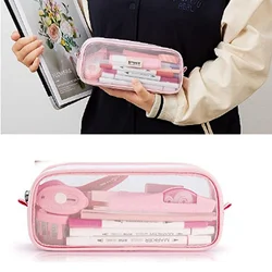 Transparent Mesh Pencil Case Holder Stationary Storage Organiser Pen Makeup Bags School Office Stationery Supplies