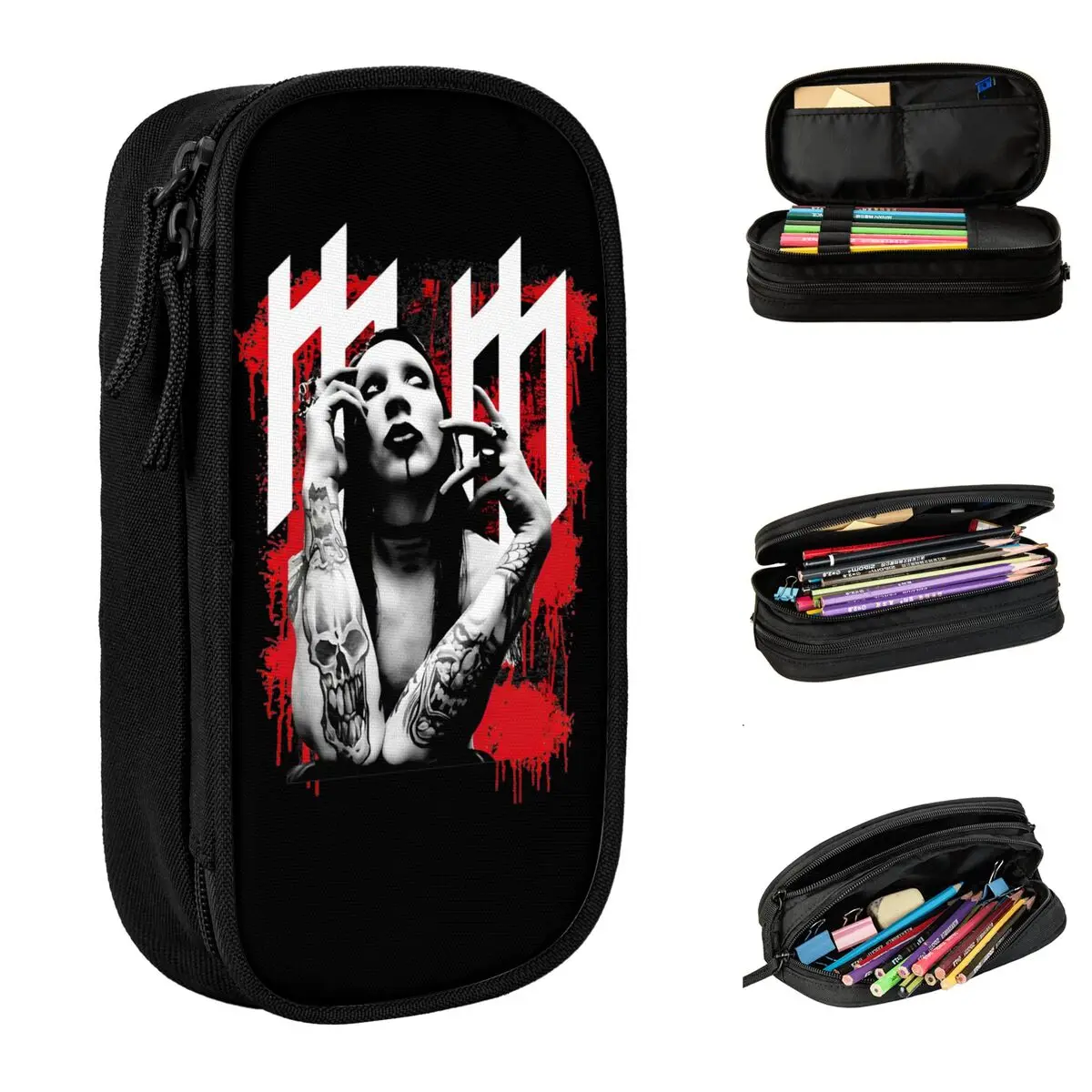 Marilyn Manson Bloody Pervert Black Pencil Case Pen Box Bag Student Large Storage Students School Zipper Pencilcases