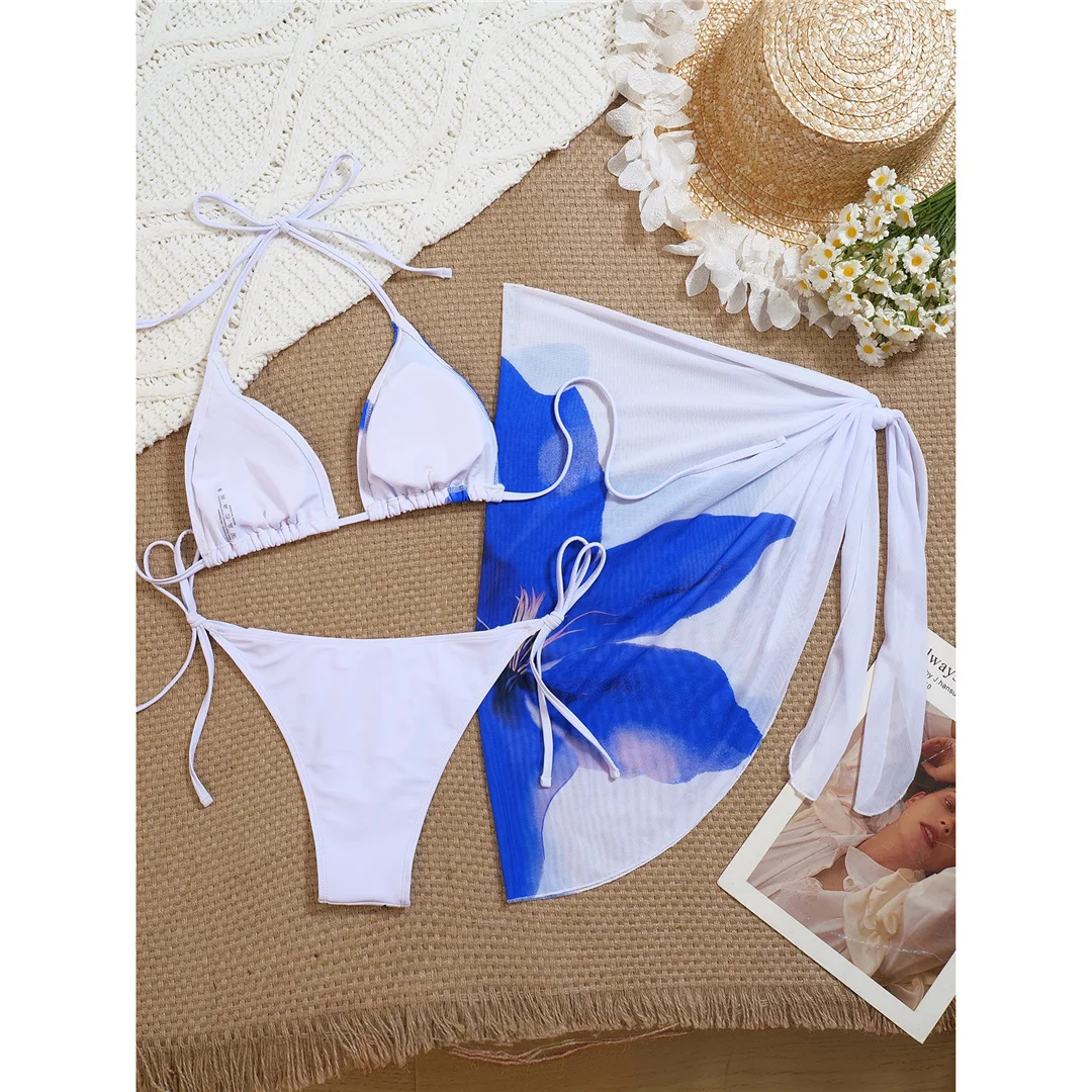 Mit Sarong-Blumenmuster, Neckholder-Bikini, Damen-Badeanzug, dreiteiliges Bikini-Set, Badebekleidung, Badeanzug, Schwimmanzug V8023 – Detail 9