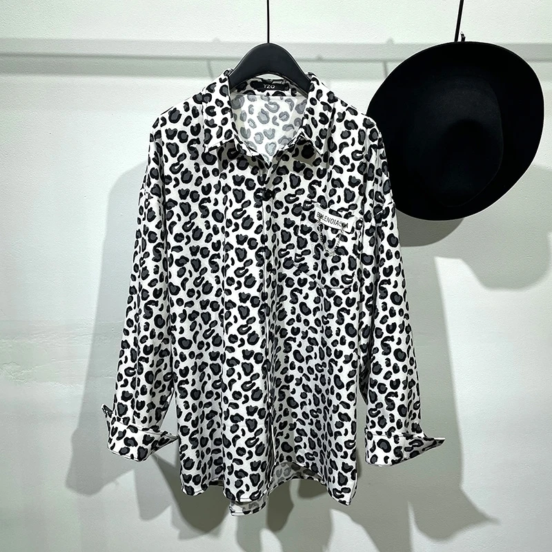 Dark trend autumn simple high sense leopard print loose long sleeve shirt street style popular temperament top