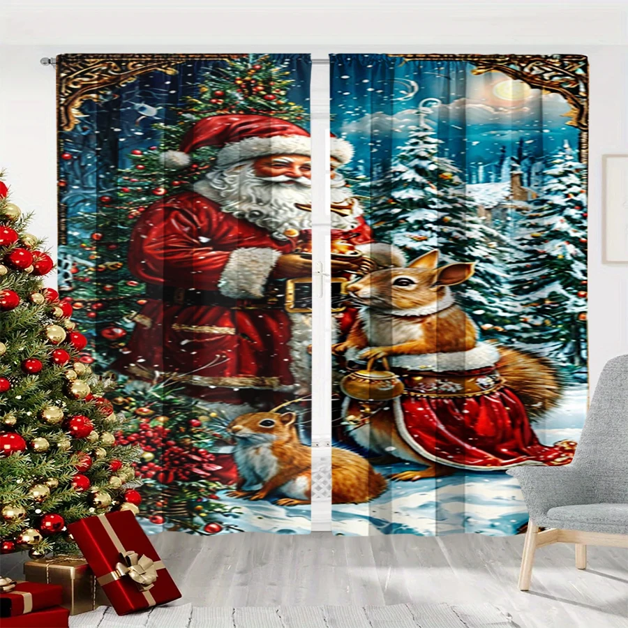 2PCS Christmas Winter Curtains, Vintage Santa Squirrel Snow Forest Tree Moon, Digital Print, Bedroom Living Room, Home Decor