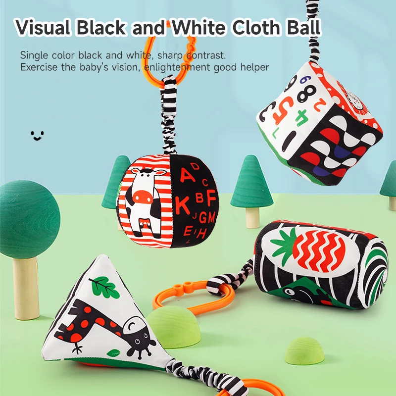 Newborn Sensory Hanging Rattles Toys Black and White High Contrast  Animal Bell Toy Plush Lovely Crib Hanging Bell Teether Toys