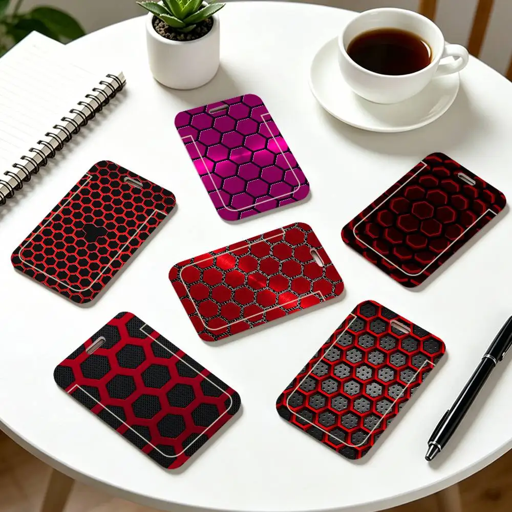Red Hexagonal Geometric ID Card Holder Cute PVC Badge Holder Cartoon Card Cover Student ID Bus Card Case With Clear Window