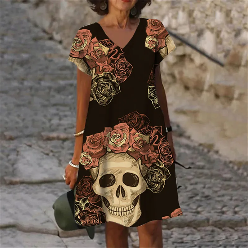 2023 Fashion Dresses Hot Sale 3D Printing Terror White Skull Pattern Women\'s Dress Casual V-Neck Short Sleeve Oversized Clothing