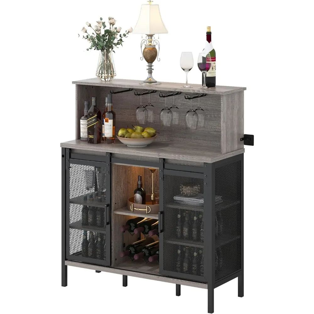 Coffee & Wine Bar Cabinet with Sliding Barn Door, Farmhouse Buffet Cabinet with Wine Rack & Glass Holder, Led Storage Cabinet