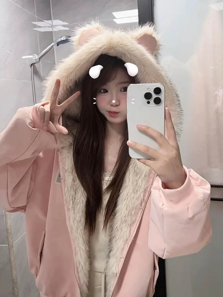 

Утепленное хлопковое женское зимнее пальто с капюшоном из искусственной кожи и меховым воротником, розовое, свободного кроя, на молнии, для повседневной носки