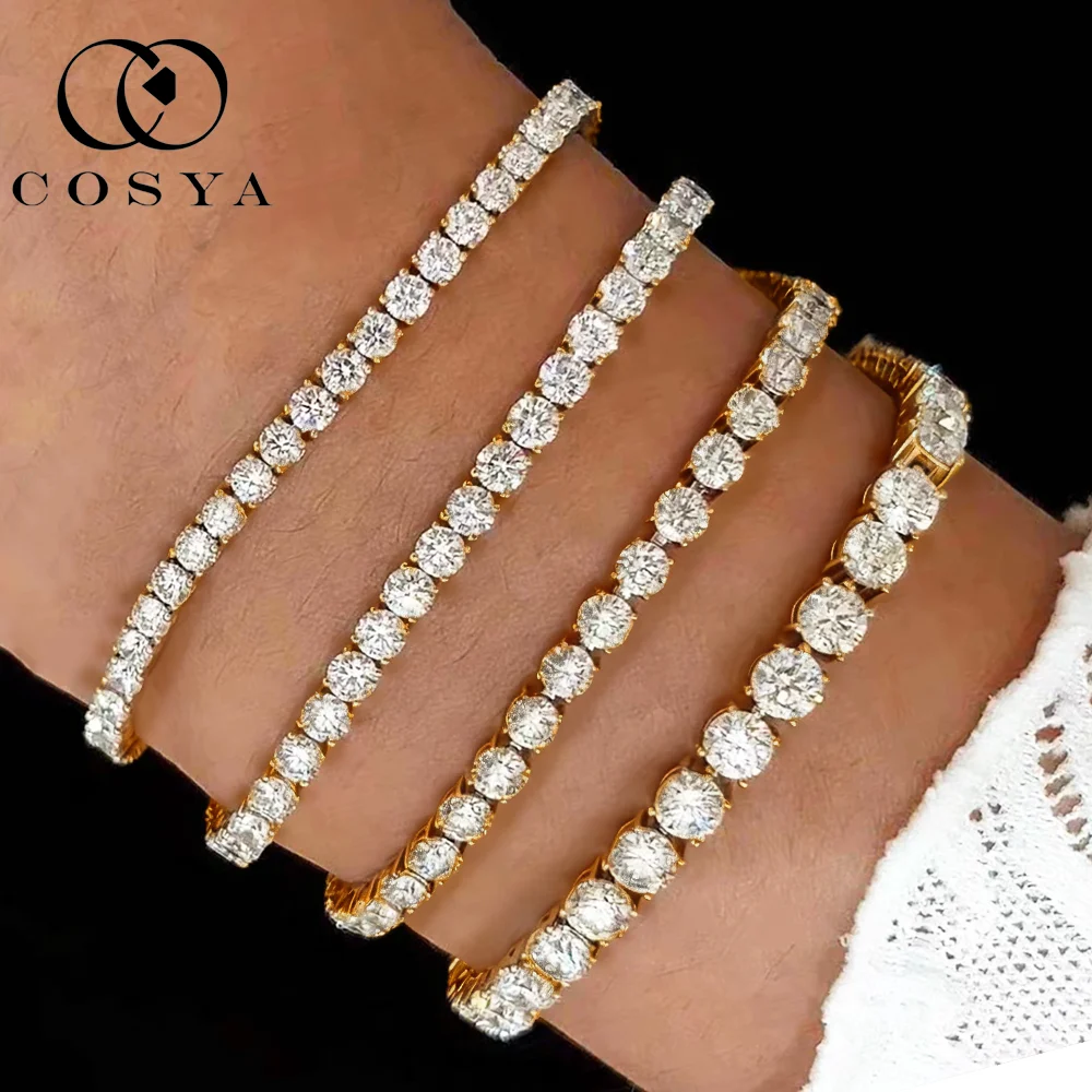 

COSYA 2,5/3/4/5 мм полный муассанит теннисный браслет S925 серебро 18 К позолоченный для женщин и мужчин D VVS1 сверкающие лабораторные ювелирные изделия с бриллиантами