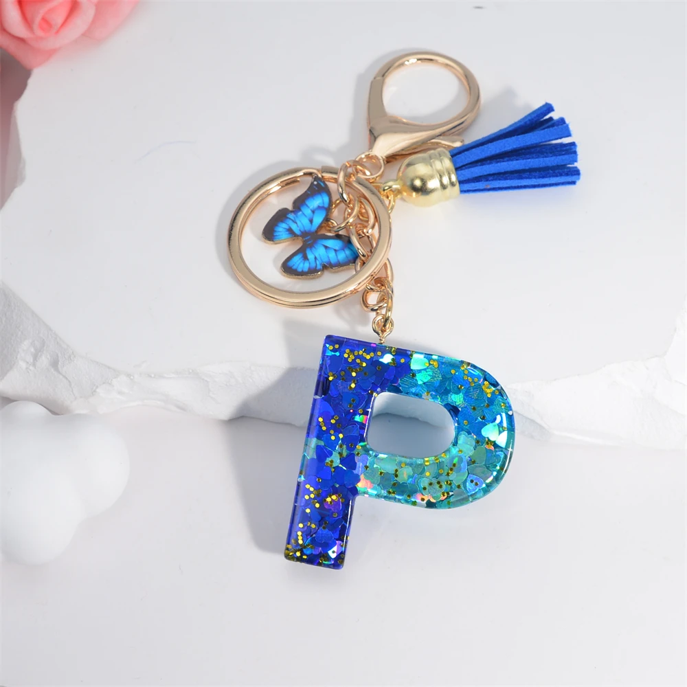 Schlüsselanhänger mit 26 englischen Alphabet-Buchstaben, Quasten, Kristall, Acryl, Schmetterling, Anhänger, Schlüsselanhänger, Geschenk, Modeschmuck, Accessoires