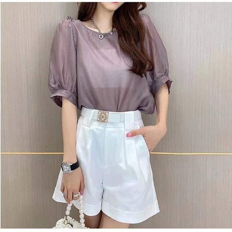 Stylish O-Neck Button Spliced Loose Fold Puff Sleeve Shirt Female Clothing 2023 Spring New Casual Tops Solid Color Korean Blouse