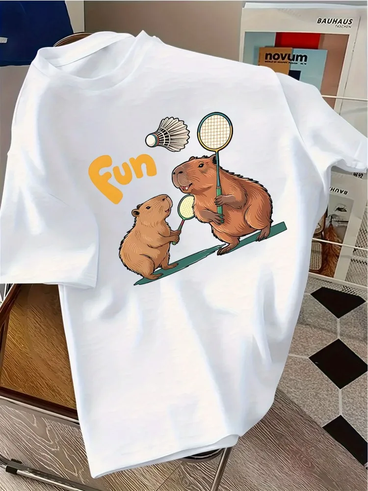 Male Cotton Crew Neck Tee Cartoon Capybara Play Badminton Fun Print Loose Short Sleeve Casual Summer Sports Daily Animal T Shirt