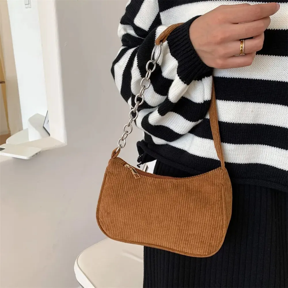 1Pcs Fashion Vintage Women\'s Handbags Corduroy Underarm Bag Casual Women Shoulder Bags Solid Color Zipper Female Handbag Clutch