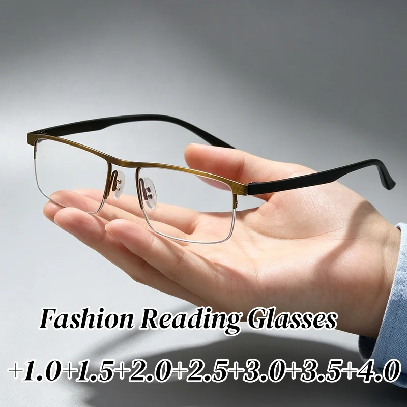 Unisex Business Half Rim Rectangle Reading Glasses Ultra-light Frame Anti Blue Light Presbyopia Glasses +1.0 To +4.0 Eyewear