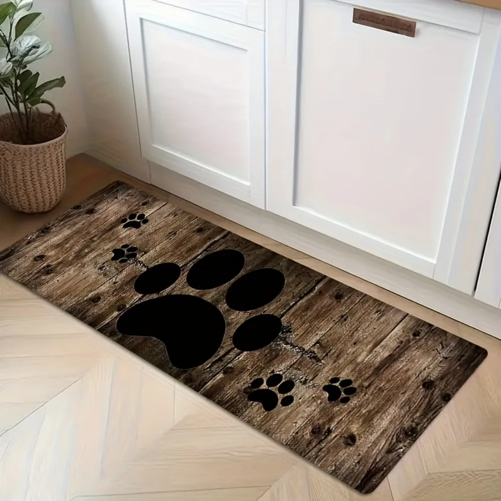 VIKAMA Wood Grain Cartoon Dog Paw Print Carpet. Non-Slip & Dirt-Proof, For Kitchen, Bathroom, Laundry Room, Home Decor Floor Mat