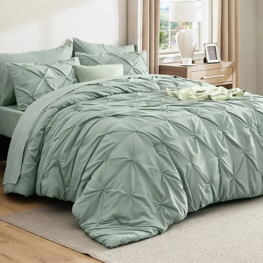 Queen Comforter Set Sage Green Bed in a Bag Queen Size Bedding 7 Pieces, GentleSoft Pintuck Bed Set Gift for Family, Pinch Pleat