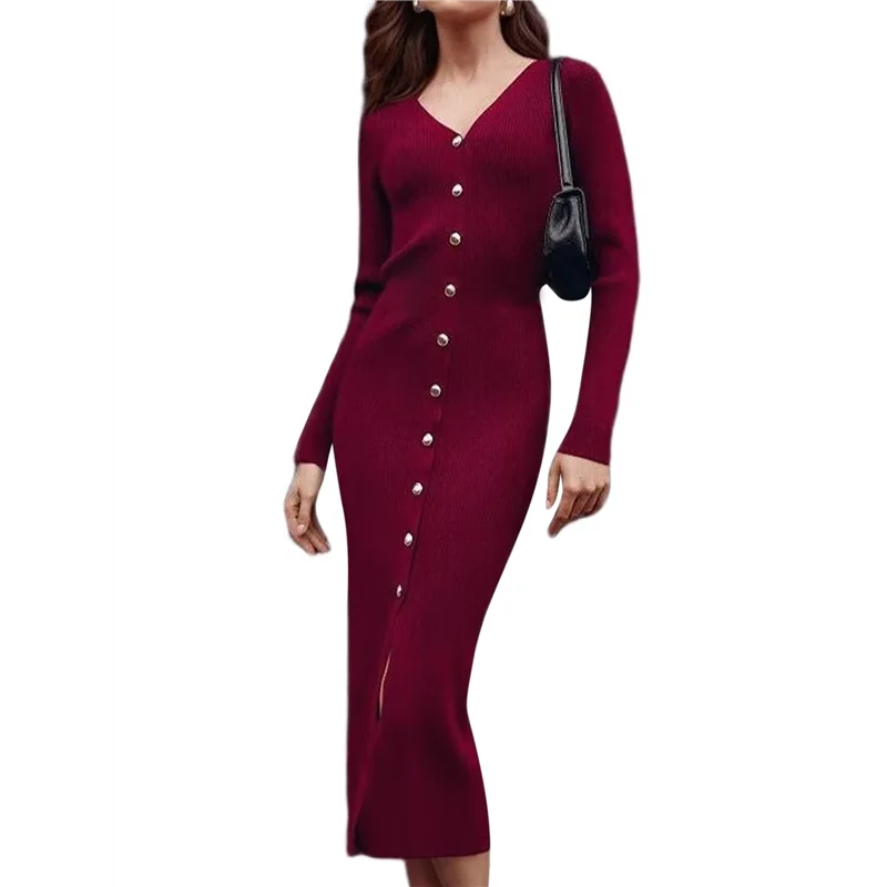 FX-Dames 2025, herfst trendy midi-sweaterjurk, casual v-hals, lange mouwen, geribbeld gebreide winter bodycon-jurken