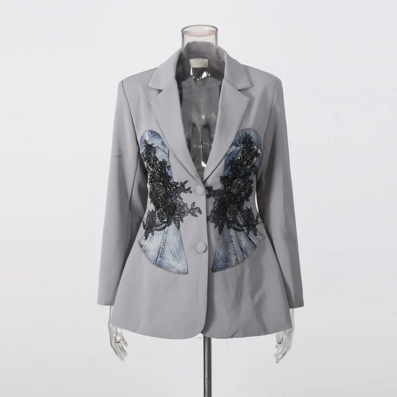 HKSH Women Blazer Elegant Fashion Slim-Fit Design Lace Embroidered Patchwork Waist Cinching Niche Long Sleeved Suit-Coat HK26104