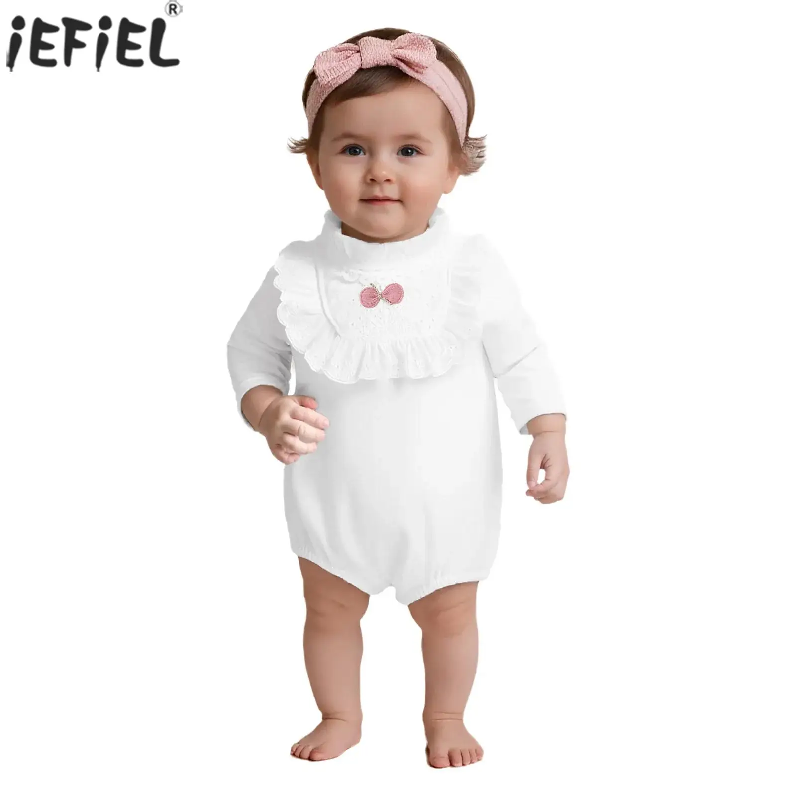 

Infant Baby Girls Cute Lace Ruffle Collar Romper Long Sleeve Solid Color Bodysuit for Baby Shower Birthday Party Photography