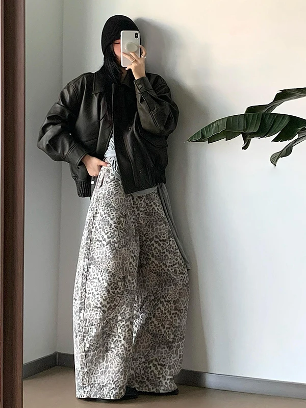 American Retro Leopard Print Wide Leg Low Waist Jeans Women's Autumn 2025 New Sle Loose Fit Floor Length Scythe Pants