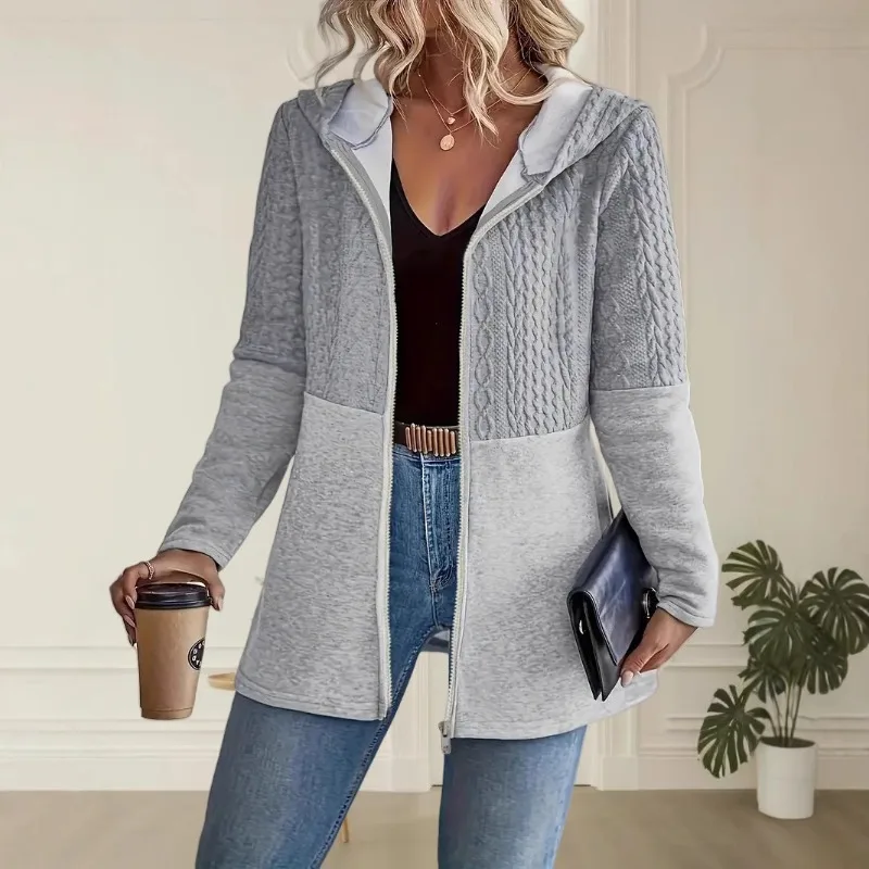 Women's Autumn Solid Color Ripple Splicing Casual Loose Women's Hooded Jacket Coat