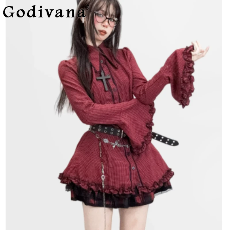 

Spring Autumn New Dark Subculture Gothic Plaid Red Black Shirt Dress Fashion Female Slim Subculture A-line Lace Short Skirt