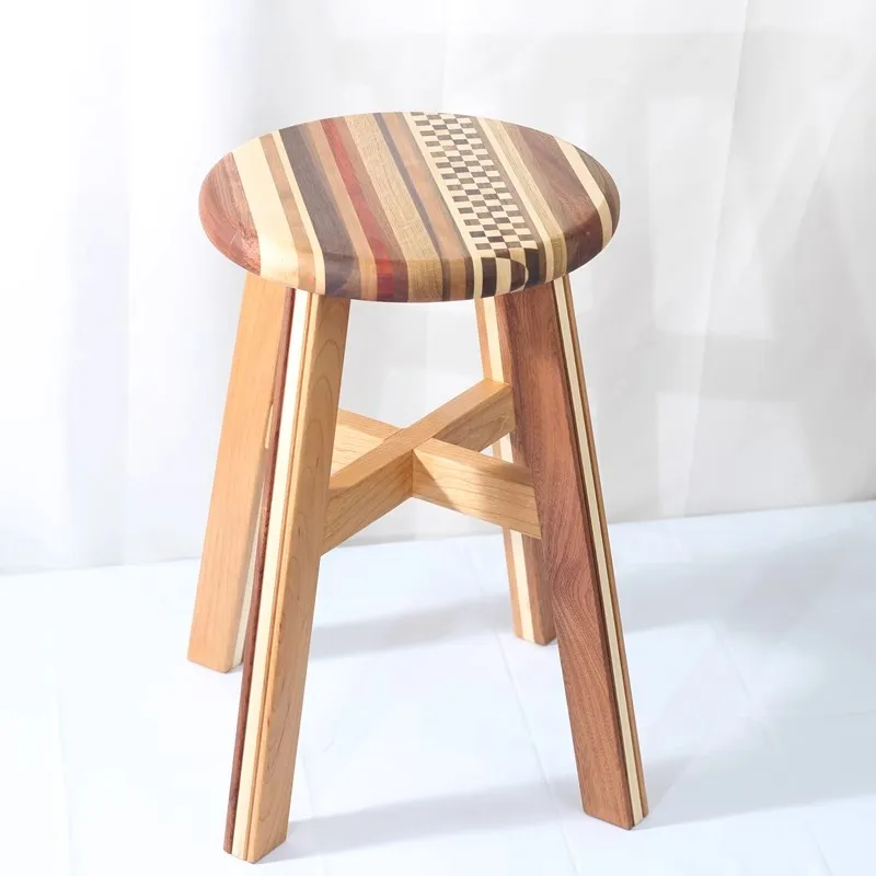 Nordic Minimalism Style Artistic Mosaic Pattern Solid Wood Low Stool Walnut Wood Thickened Coffee Shop Bar Counter Round Stool