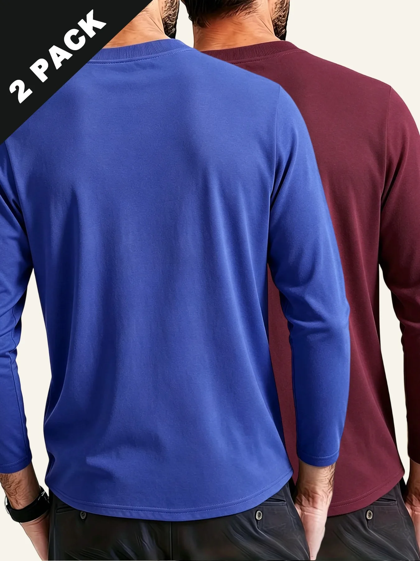 All Season Basic Long Sleeve T Shirts 2 Pack For Men Solid Tone Lightweight Breathable Knit Fabric Crew Neck Everyday Casual