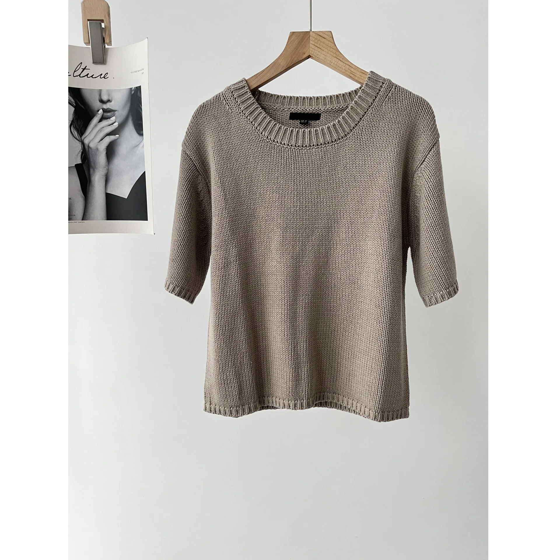 Women's casual basic simple brown round neck short-sleeved knitted sweater T-shirt short-sleeved 16A