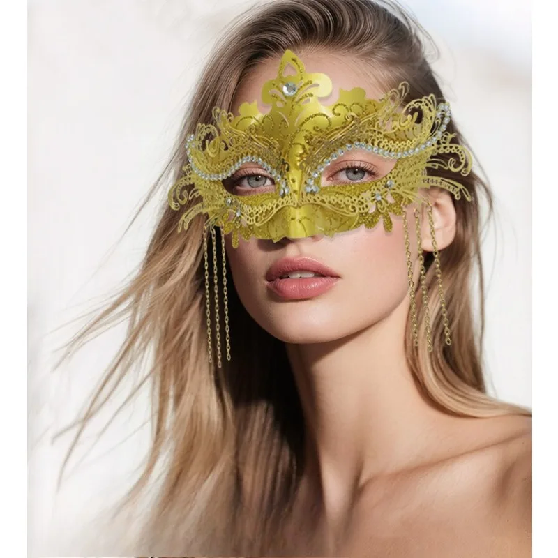 Rhinestone Metal Half Face Venetian Mask with Feather Fringe Chain Shiny Masquerade Mask for Halloween Party Couples Women Men