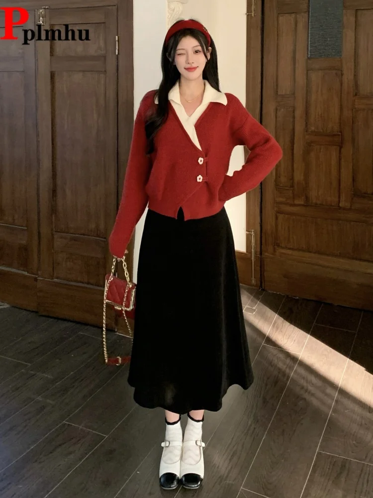 

Fashion Elegant Patchwork Conjuntos Women's Casual Baggy Spliced Ensembles Lapel Loose High Waisted New Skirt 2 Piece Set