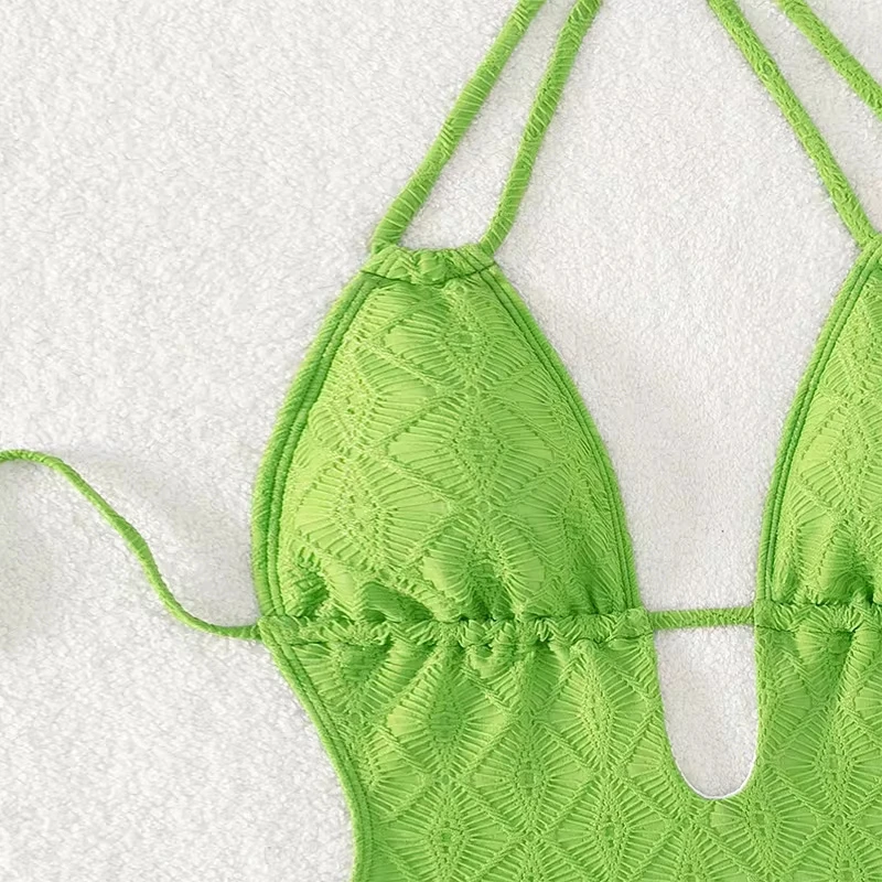 

Sexy V-Neck One-Piece Swimsuit Women Bandage Slim Green Bikini Sleeveless Beach Party Fashion Bodysuit Swimwear