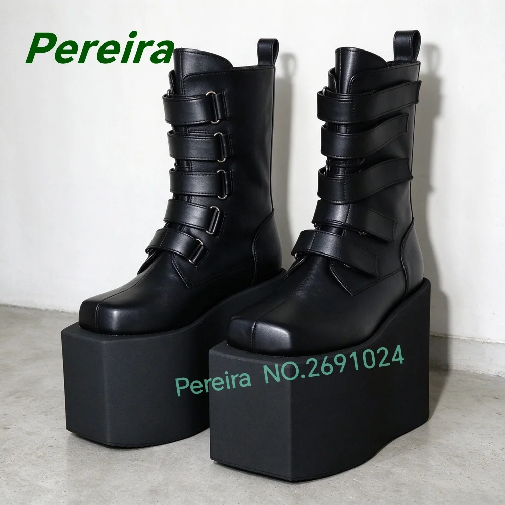 Black Square Toe Platform Wedge Ankle Boots Multi Strap Buckle Gothic Punk High Heel Short Boots Streetwear Cosplay Fashion Shoe