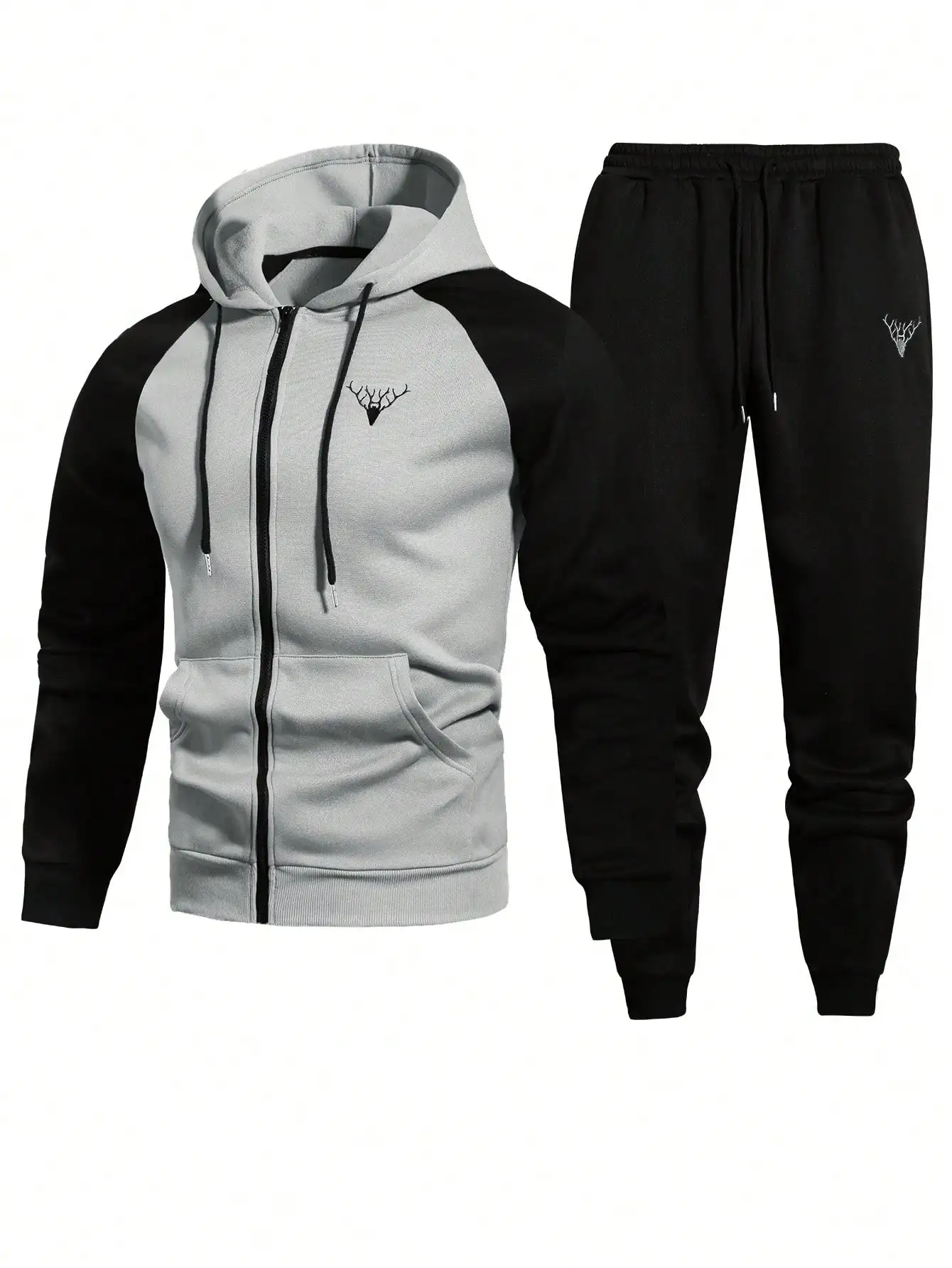

Men's Zip-Up Hoodie and Jogger Pants Set, Gray Black Contrast Casual Tracksuit for Fall