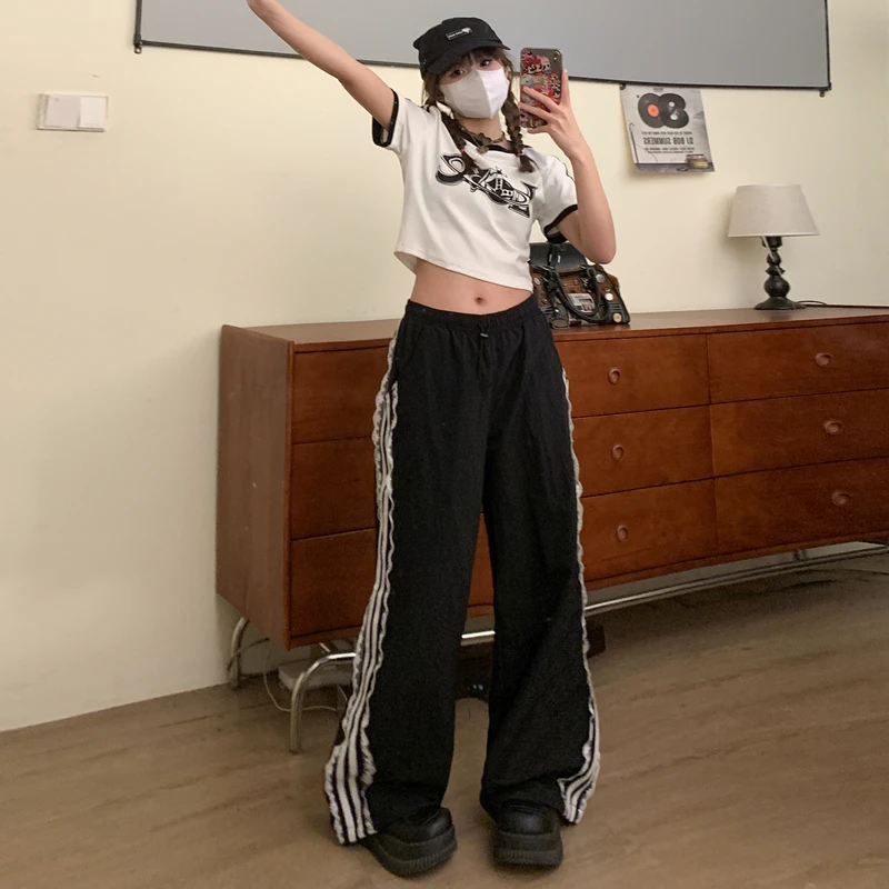 American Black Vintage Drawstring Sweatpants Lace High Waisted Straight Wide Leg Pants Baggy Y2K Stripe Trouser Ladies Summer