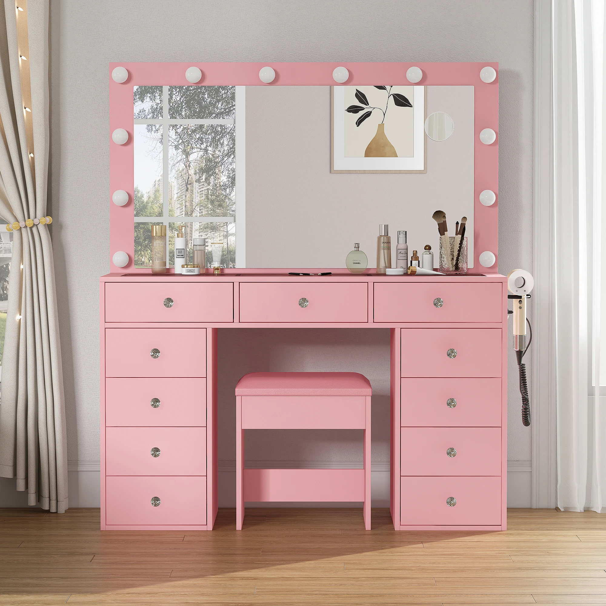 Extra Wide Makeup Vanity Table Set, LED Vanity Mirror with 3 Adjustable Brightness, Large Multiple Drawers & Storage Shelves, Scratch-Resistant Tempered Glass Desktop with USB Charging Station