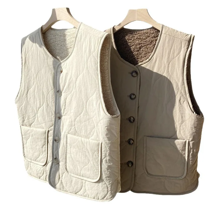 

Women's Double-Sided Wear Lamb Wool Cotton Vest Sleeveless Loose Fit Front And Back Design Autumn Winter Literary Style 2026