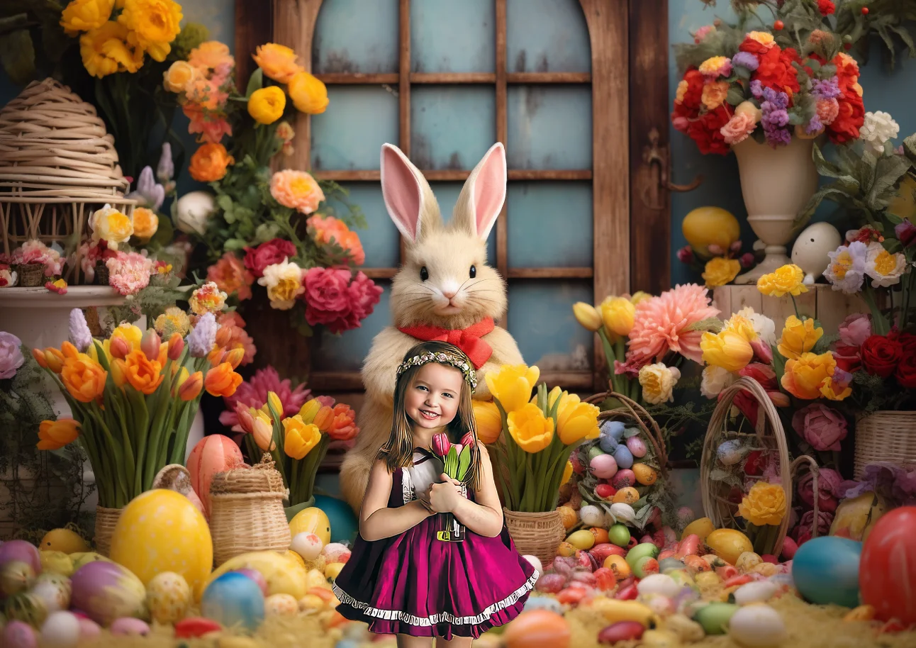 Easter Photography Backdrop Easter Egg Bunny Colorful Tulips Warm Decoration Kid's Birthday Portrait Background Photo Studio