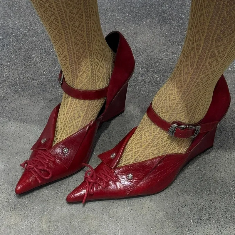 Vintage Wedge Heel Pumps Women Pointed Toe Lace-up Mary Jane Shoes Ankle Strap High Heel Party Dress Footwear