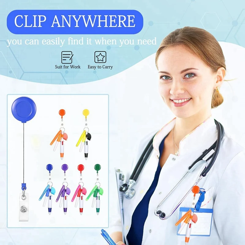 6Pack Badge Reel Pen Retractable Pens Clip with Mini Highlighter Nurse Pens Neon Marker Pen LED Keychain Key Ring-A56M view 2