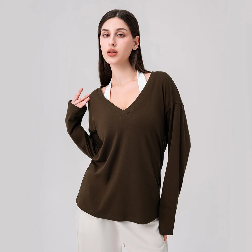 

Yoga Top V-Neck Long Sleeve Loose-Fit Casual Sports Shirt Lyocell Soft and Supple Skin-Friendly Fitness Running T-Shirt