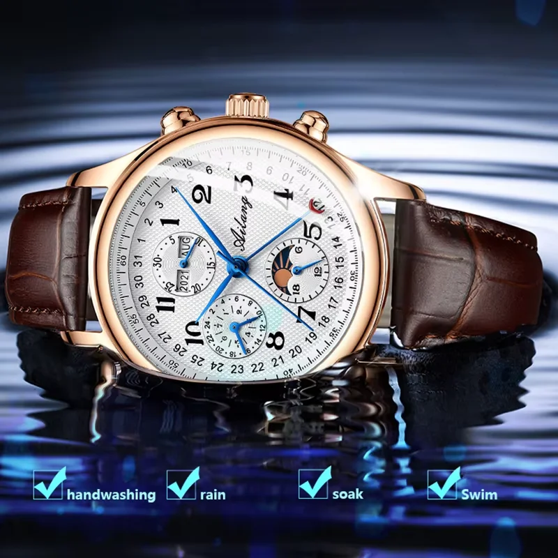 Retro Mechancial Watches Moon Phase Shanghai Movement Rose Gold Case Brown Leather Strap Luxury Automatic Mens Watch