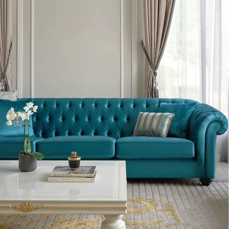 Modern Light Luxury 3 Seater Sofa Champagne Fabric Buckle Design Soft Upholstered Couch for Living Room Showroom Sales
