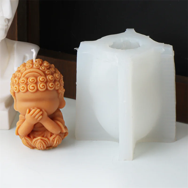 Lotus Base Little Cute Chanting Guanyin Candle Mould Chubby Buddha Sculpture Buddhism No Look Say Listen Statue Silicone Molds