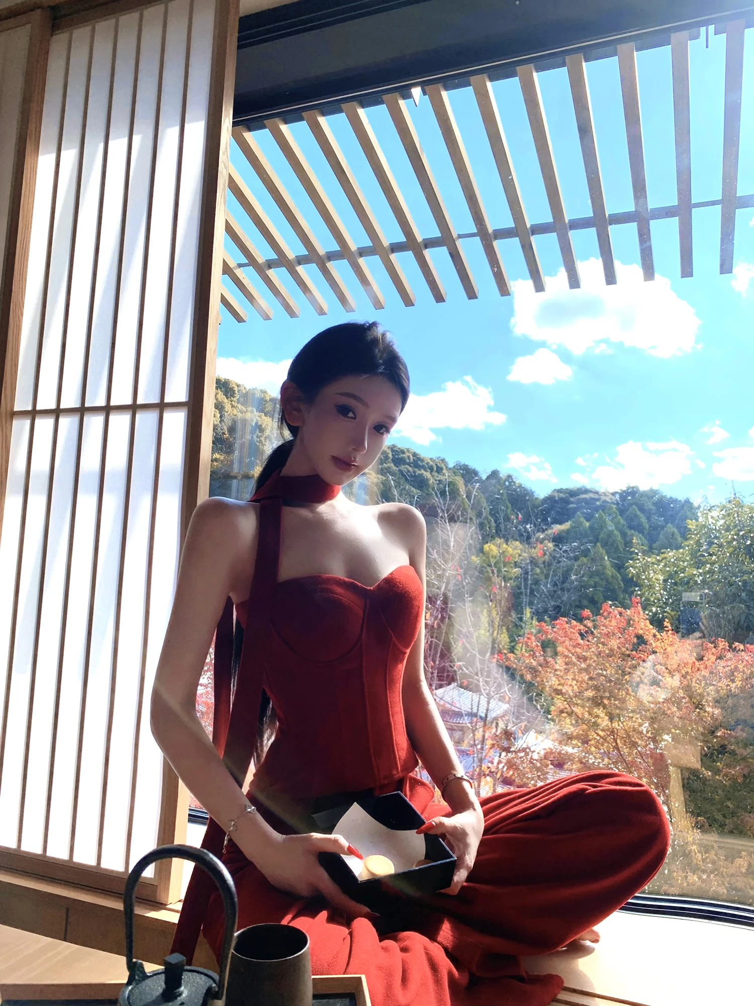 

JAYKY YANG Adjustable Waist Woolen Women's Casual Straight Leg Pants Set Thiened Winter Faion Two-Piece Suit for Adults